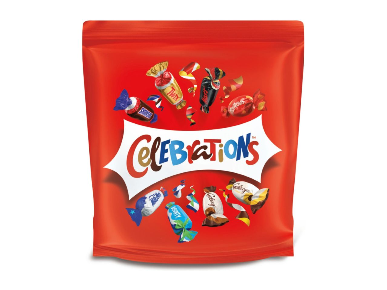 Red Celebrations pouch with Snickers, Twix, Mars, Maltesers, Milky Way, Bounty, and Galaxy chocolates.