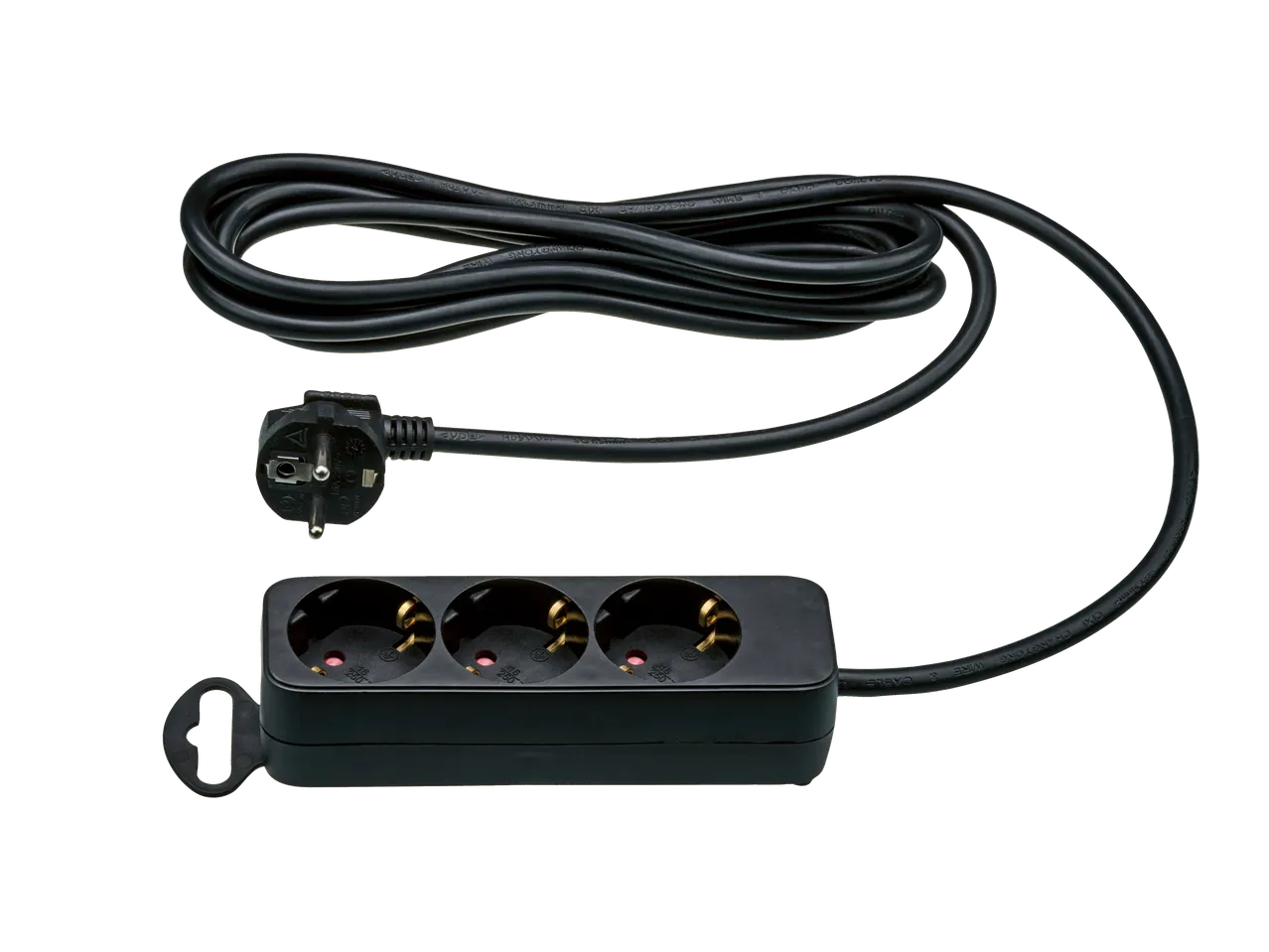 Crna produžna letva s tri utičnice i namotanim kabelom, 16A 250V.