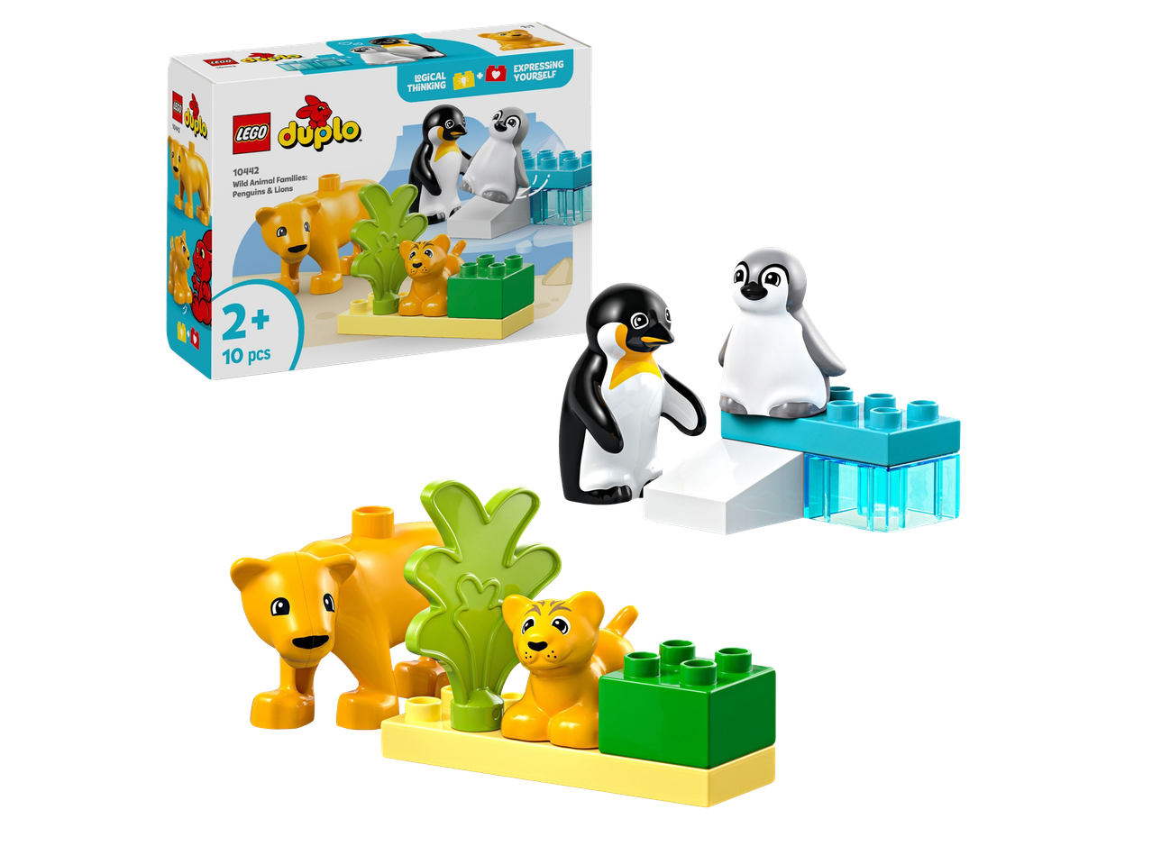 Toy set with penguins and lions, 10 pieces for ages 2+, promoting logical thinking and self-expression.