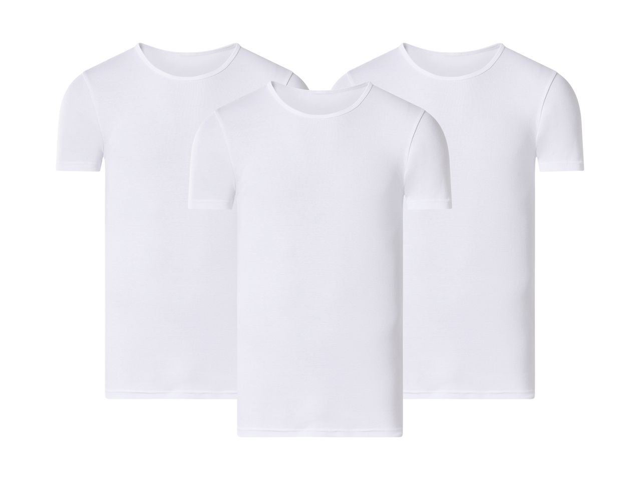 Tre hvide, kortærmede T-shirts med rund hals, der ligger forskudt af hinanden.