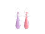 Two Munchkin baby spoons, one purple and one pink, with clear silicone tips.