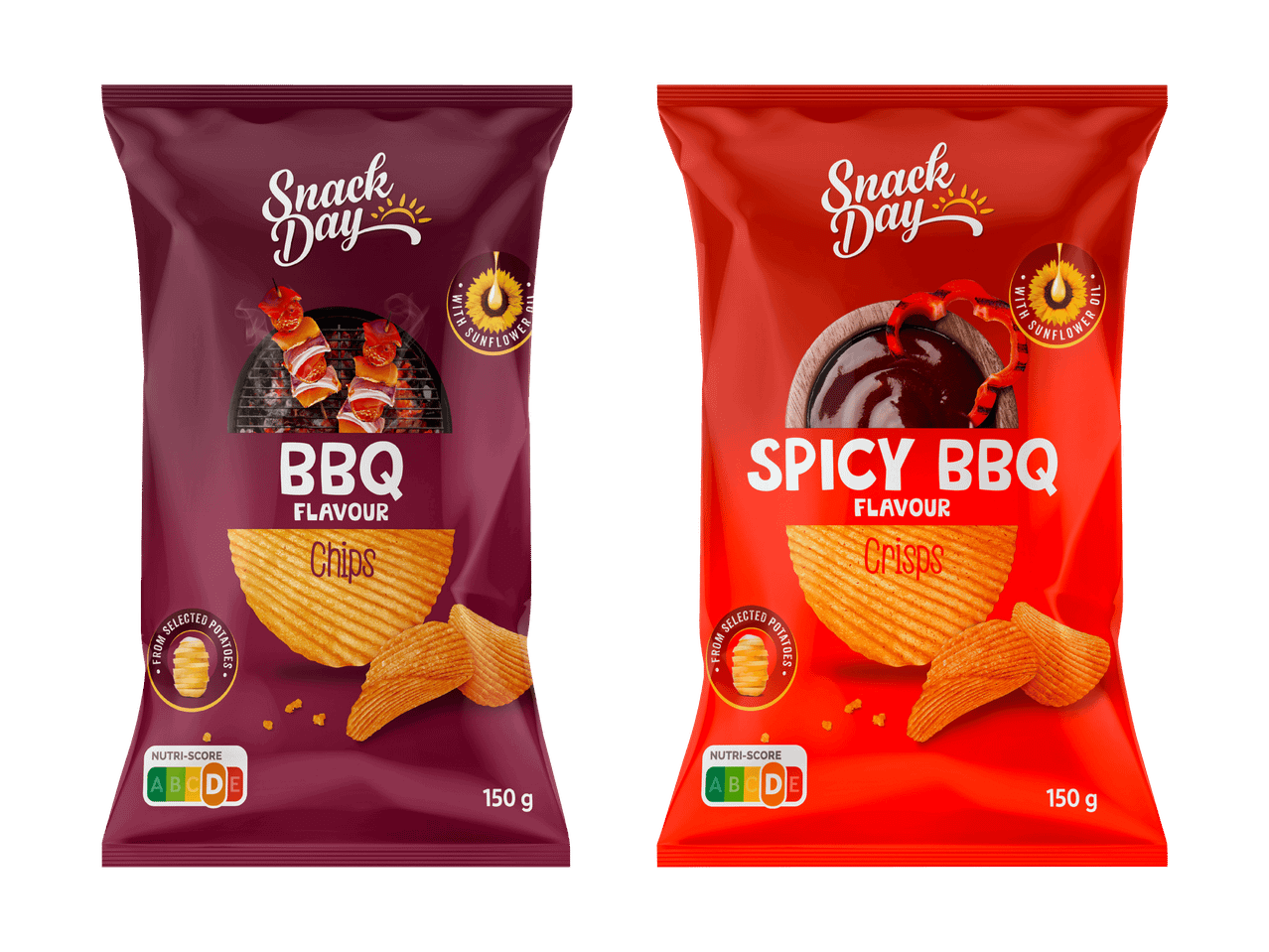 Zwei Packungen Chips, eine mit BBQ-Geschmack und eine mit scharfem BBQ-Geschmack, mit Nutri-Score D.