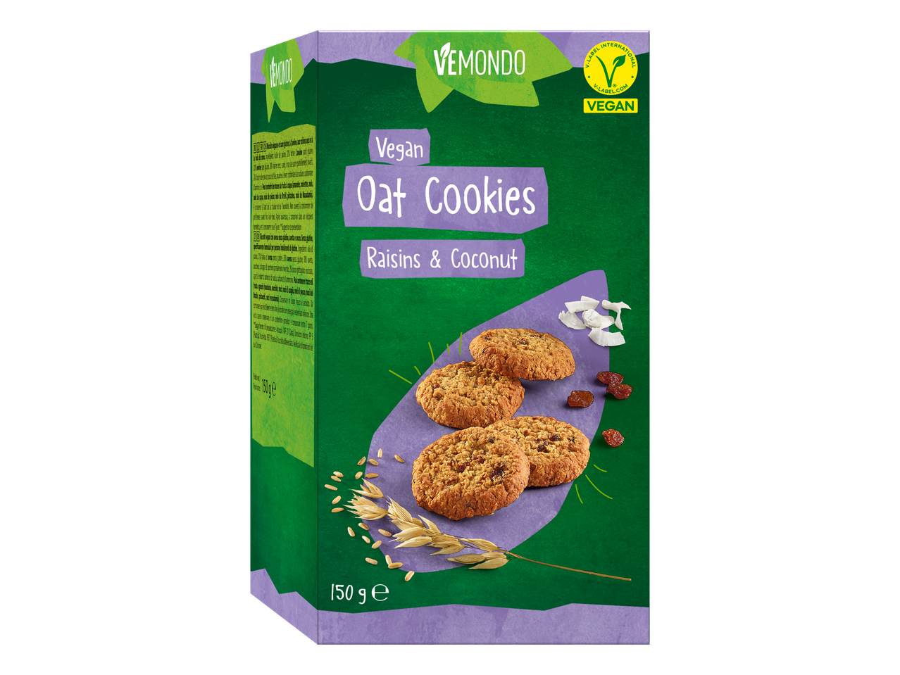 Vemondo vegan havermoutkoekjes met rozijnen en kokos.