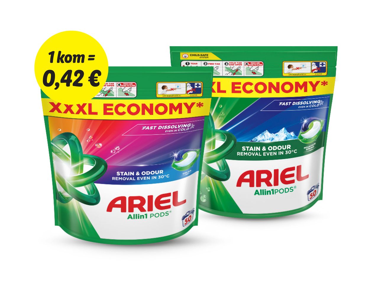 Dvije vrećice Ariel deterdženta za rublje XXL ekonomična pakiranja.