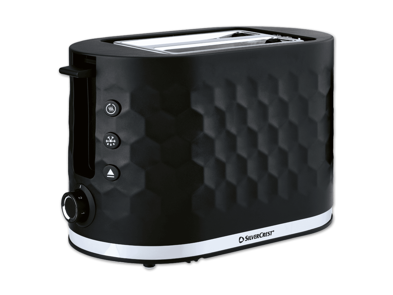 Schwarzer Toaster mit Wabenmuster und silbernen Akzenten.
