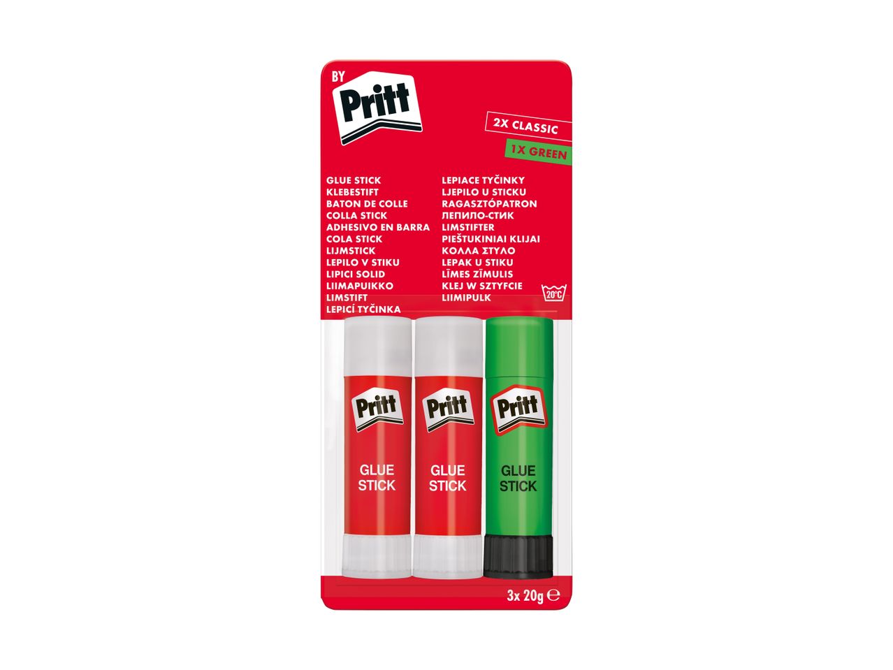 Three glue sticks, two classic and one green, in a blister pack.