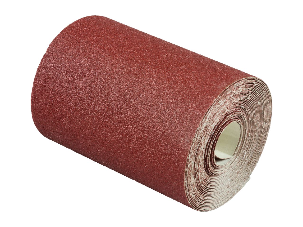 Roll of red sandpaper with a coarse texture, isolated on a white background.