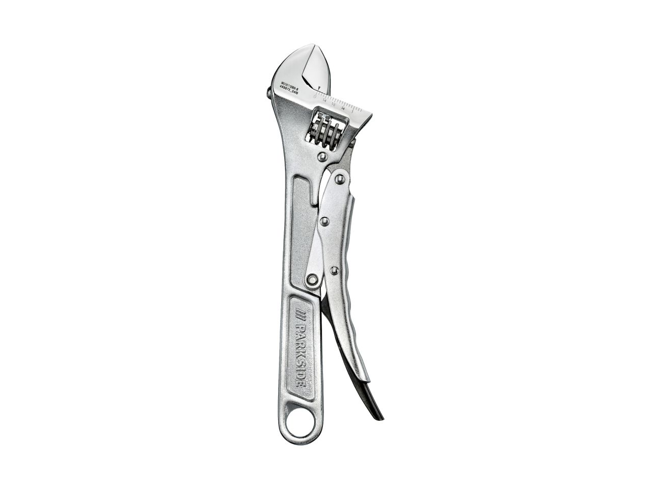 A silver Channellock adjustable wrench.