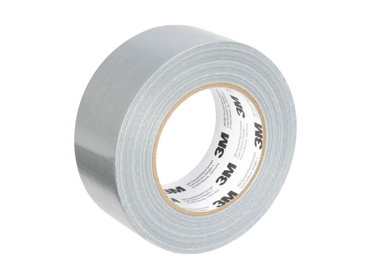 A roll of silver duct tape with text on the inner core.