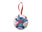 Stitch Christmas ornament with a red ribbon, wearing a scarf and smiling, with 'merry' text