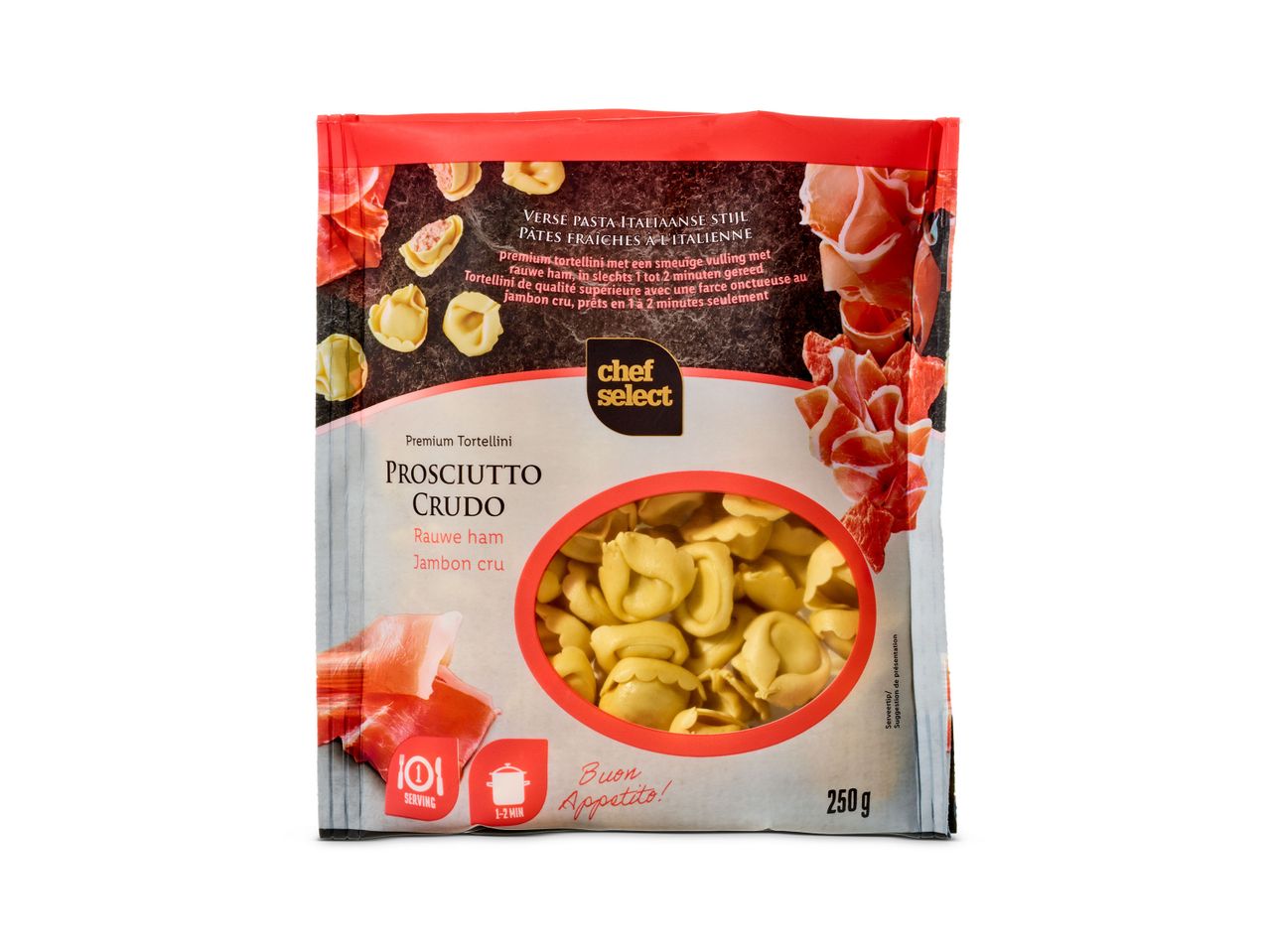 Chef Select tortellini met prosciutto crudo.