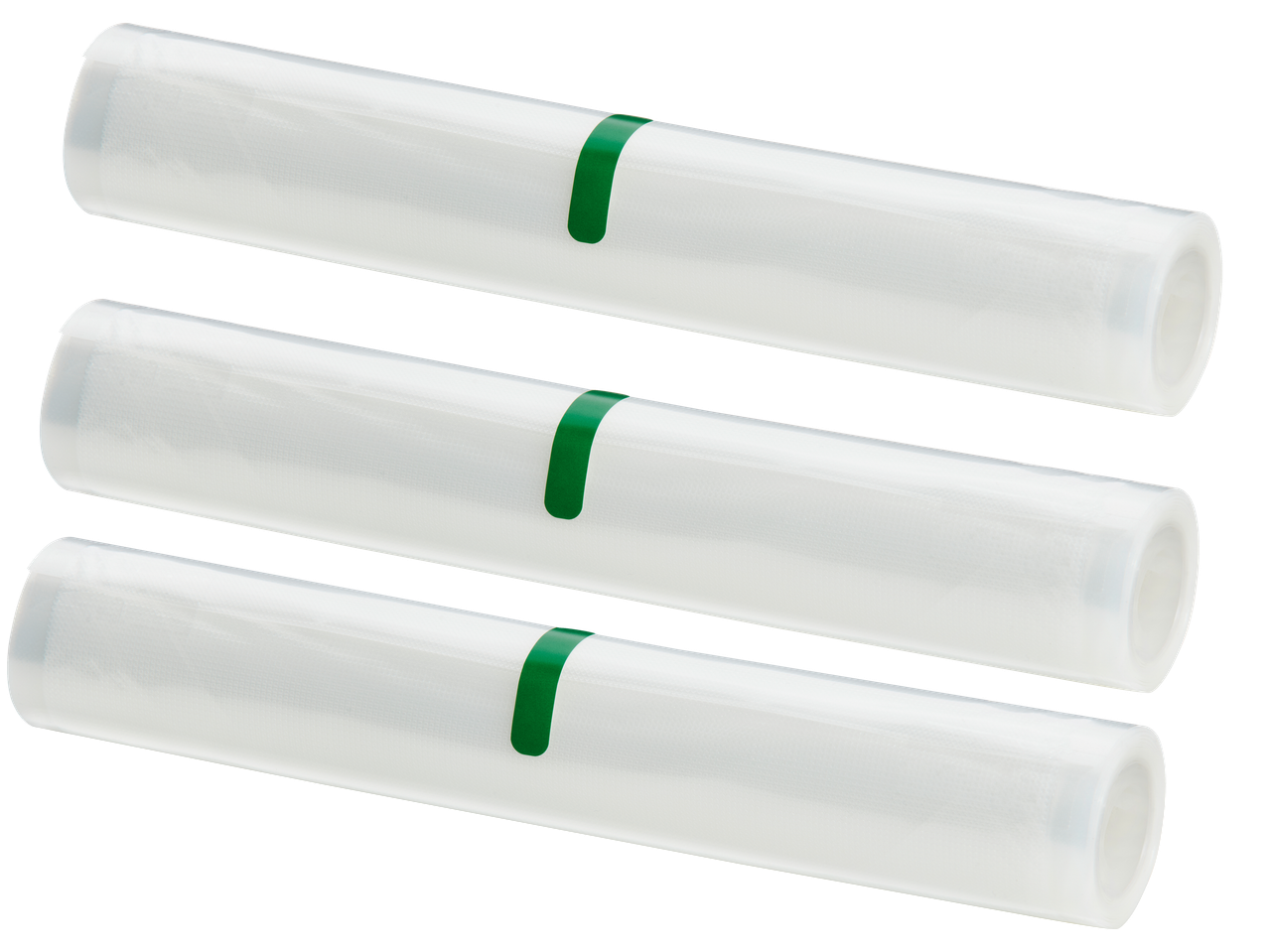 Trīs vakuuma maisiņu ruļļi.