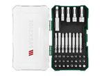 A set of screwdriver bits and nut setters in a clear and green case.
