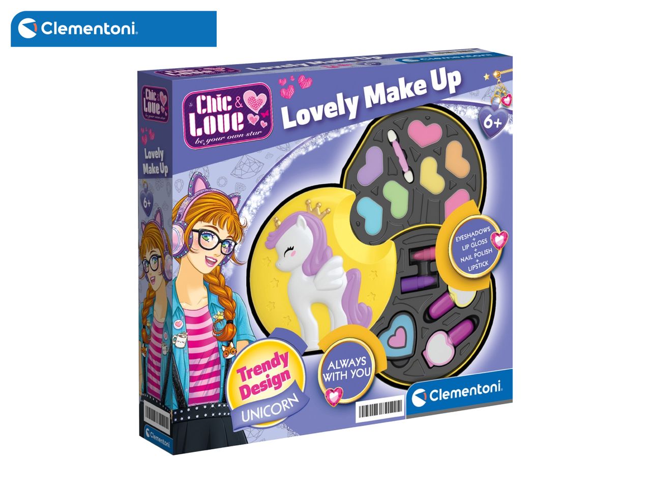Children's makeup set with eyeshadows, lip gloss, nail polish, and lipstick, featuring a unicorn design.