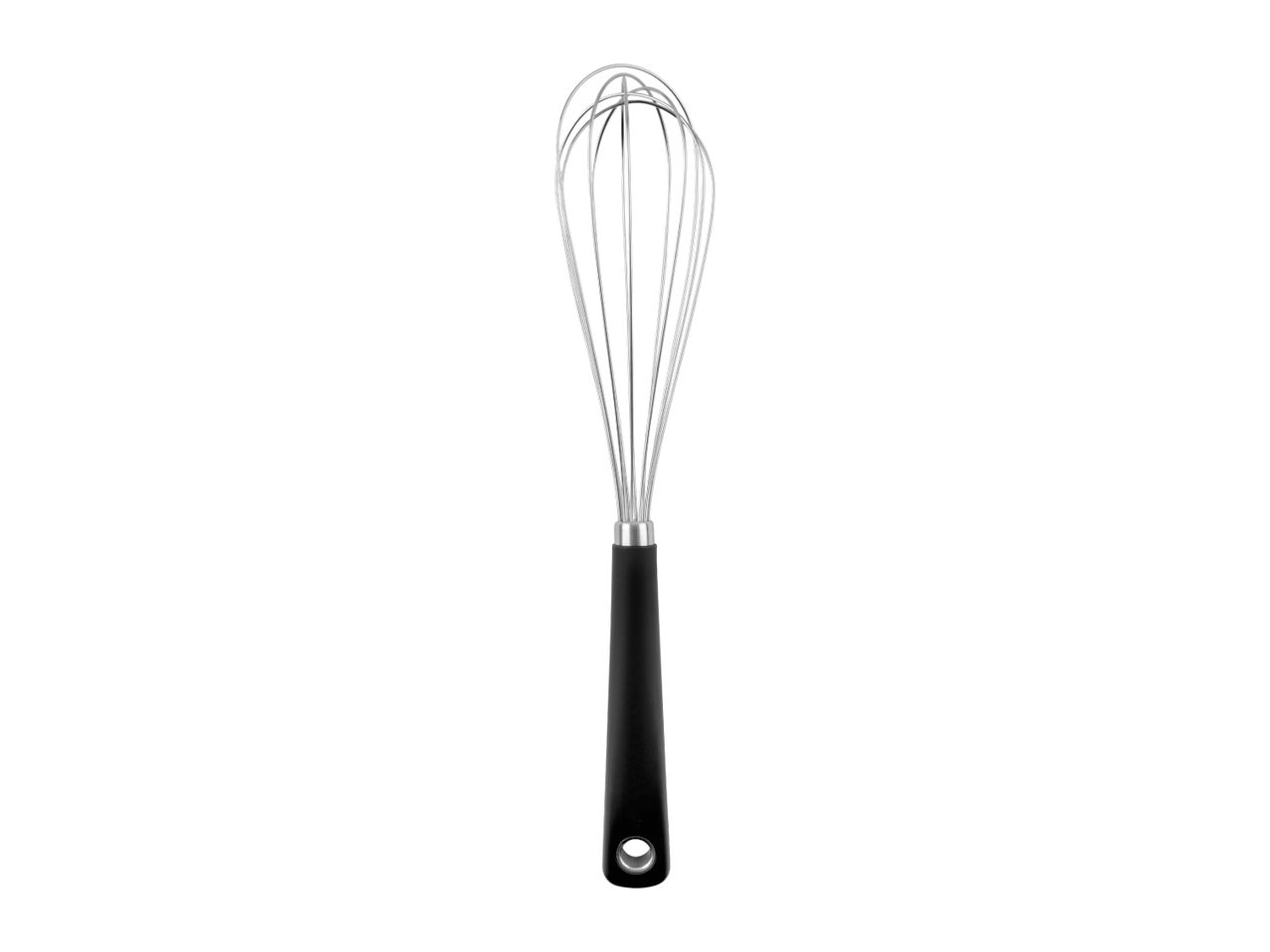 A black-handled whisk with silver wire loops stands upright against a white background.