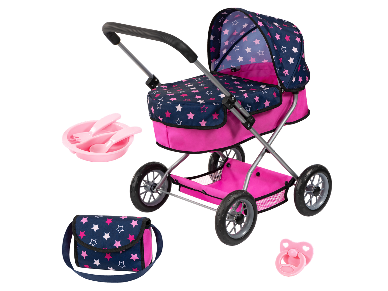 Bayer® mängunuku vanker tähemustriga, roosa söögikomplekt, kott ja lutt.