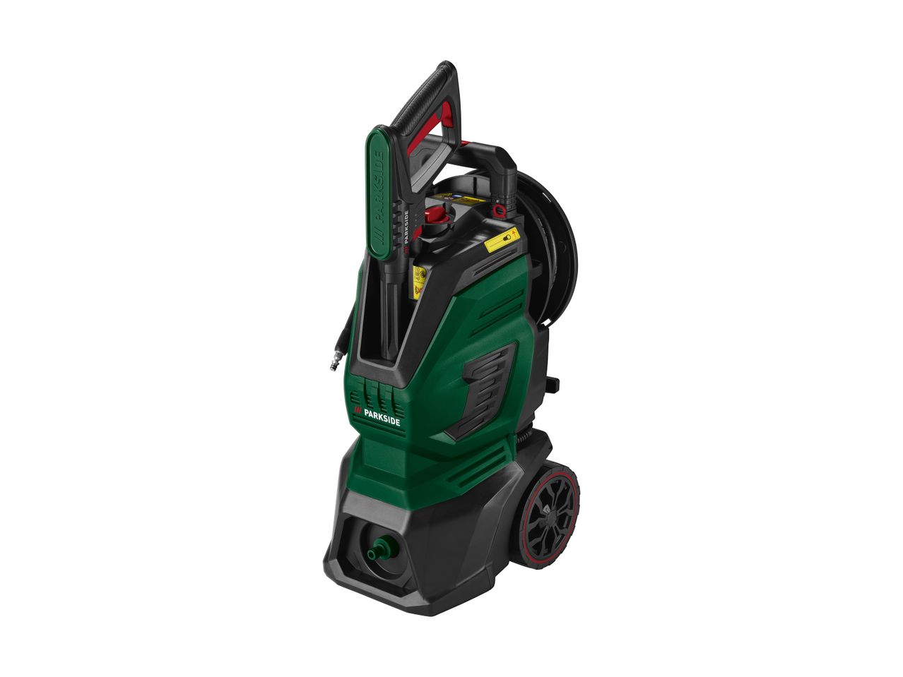Green and black pressure washer with wheels and a hose reel.