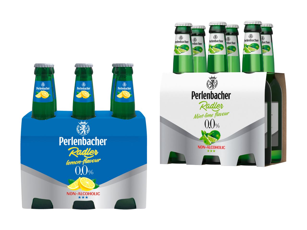 Zwei Perlenbacher-Bier-Sixpacks: Zitrone und Minze.