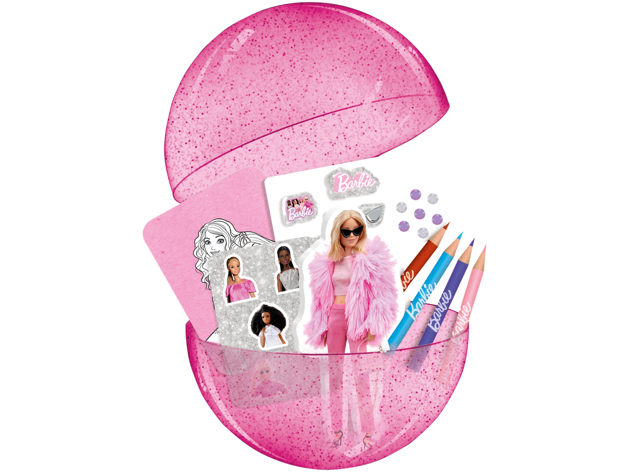 Set Barbie într-o sferă roz cu sclipici, cu creioane și autocolante.