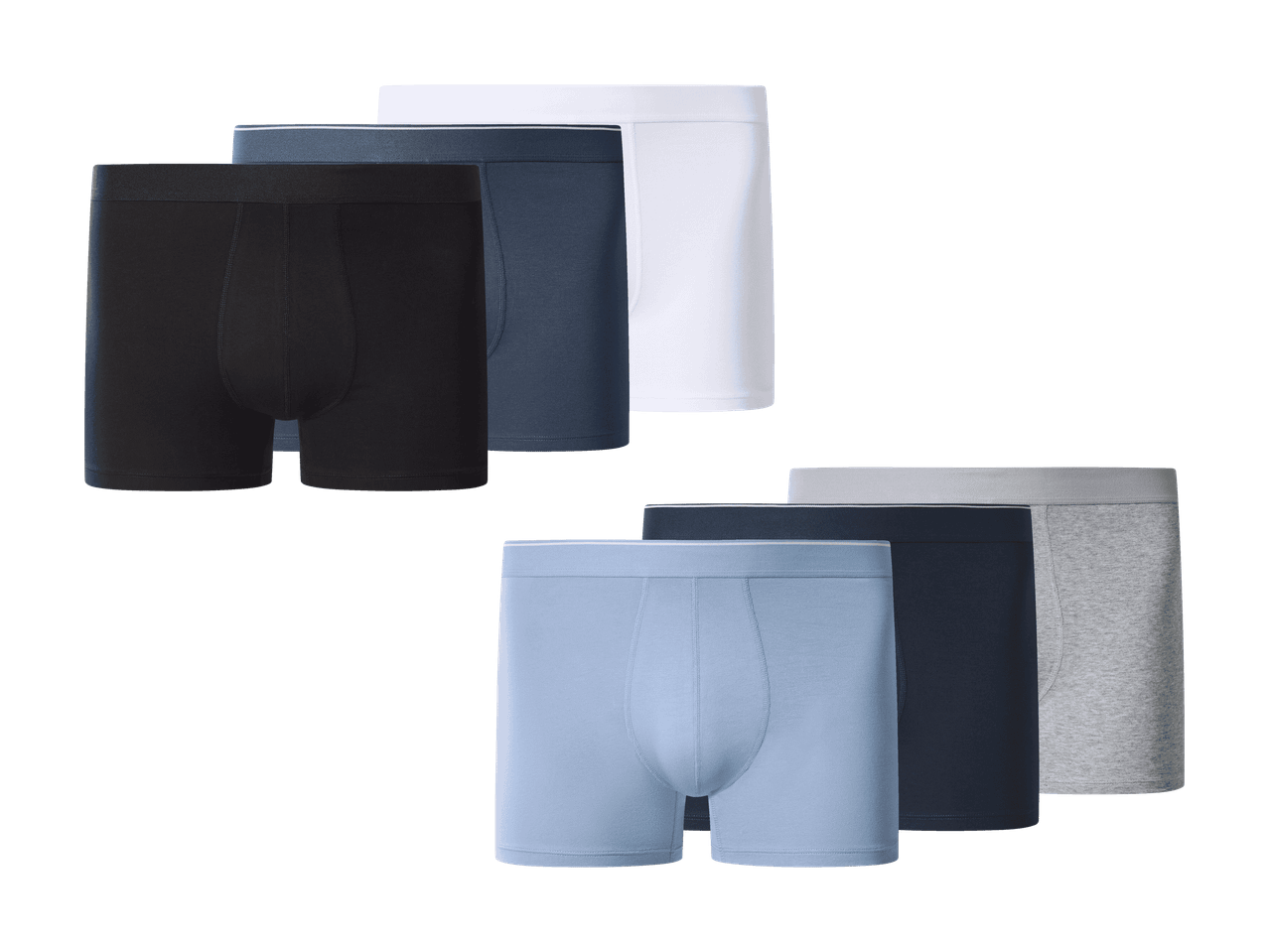 Mehrere Herren-Boxershorts in Schwarz, Blau, Weiß, Hellblau, Dunkelblau und Grau.