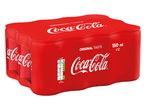 Paket dvanajstih pločevink Coca-Cole z napisom »Original Taste« in podatki o hranilni vrednosti.