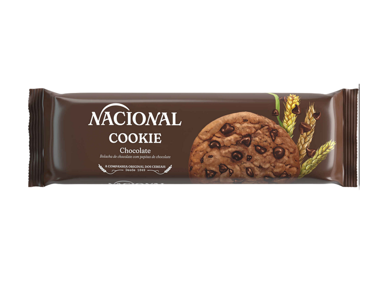 Embalagem de biscoitos de chocolate com pepitas de chocolate e espigas de cereais.
