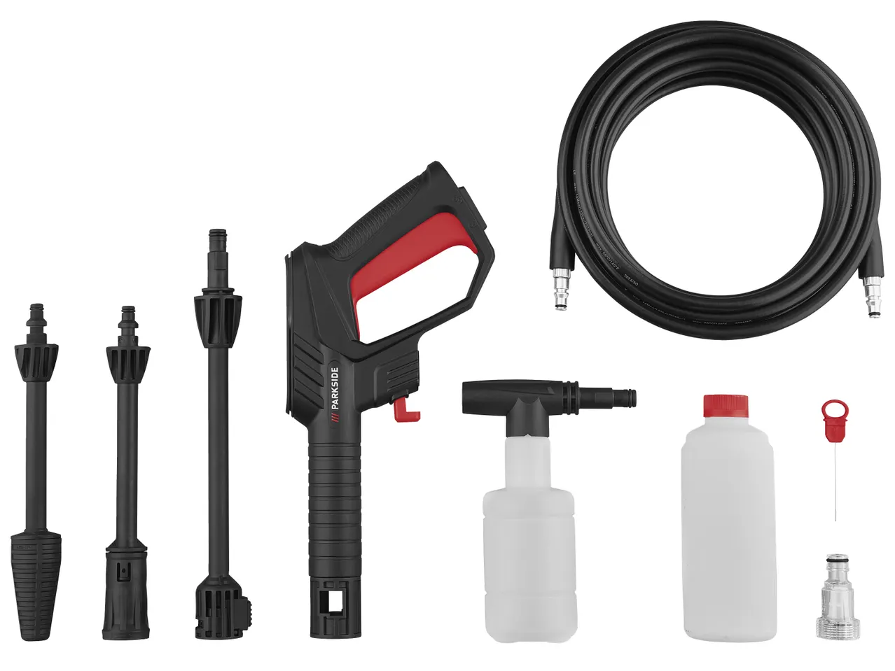 Комплект за водоструйка Parkside с пистолет, маркуч, бутилки и дюзи.