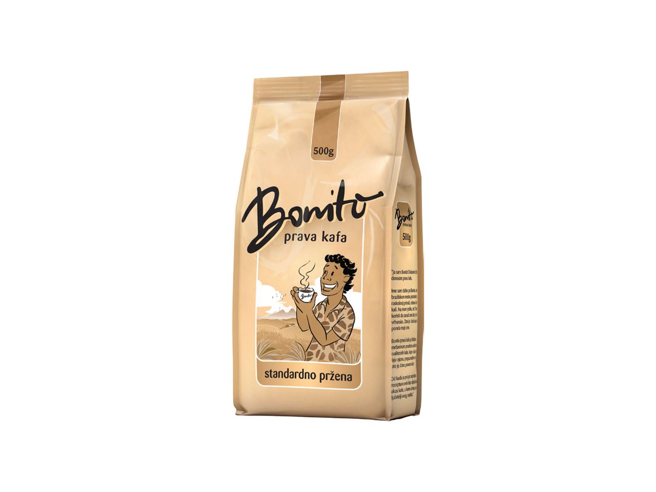 Pakovanje kafe Bonito od 500g, standardno pržene, sa ilustracijom muškarca koji uživa u šoljici kafe.