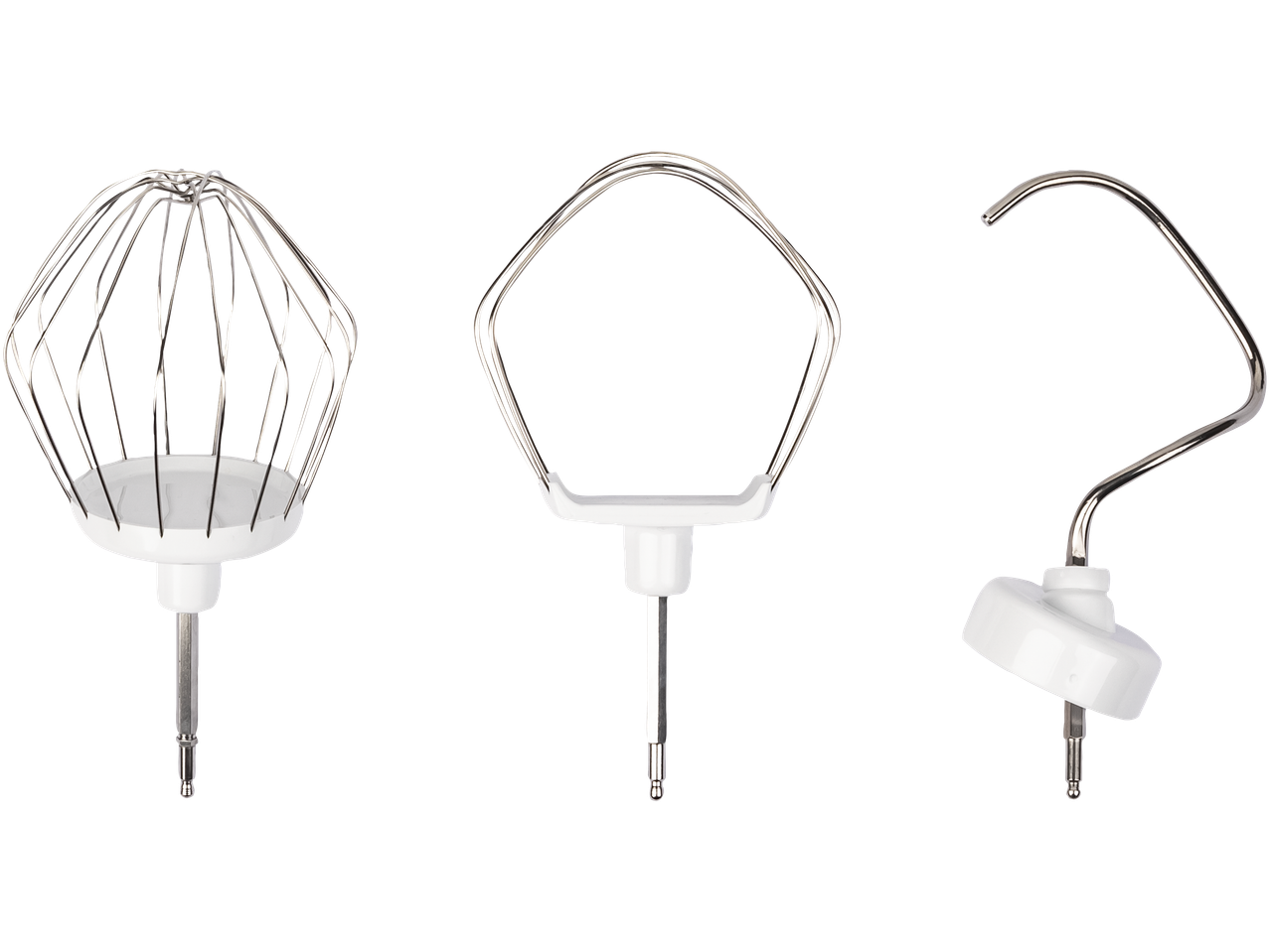 Trys maišytuvo priedai: šluotelė, plakiklis ir tešlos kablys.