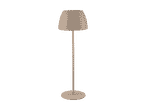 En beige gulvlampe med en konisk skærm og en rund base.