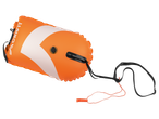 Orange inflatable swimming buoy with a black strap and an orange whistle.