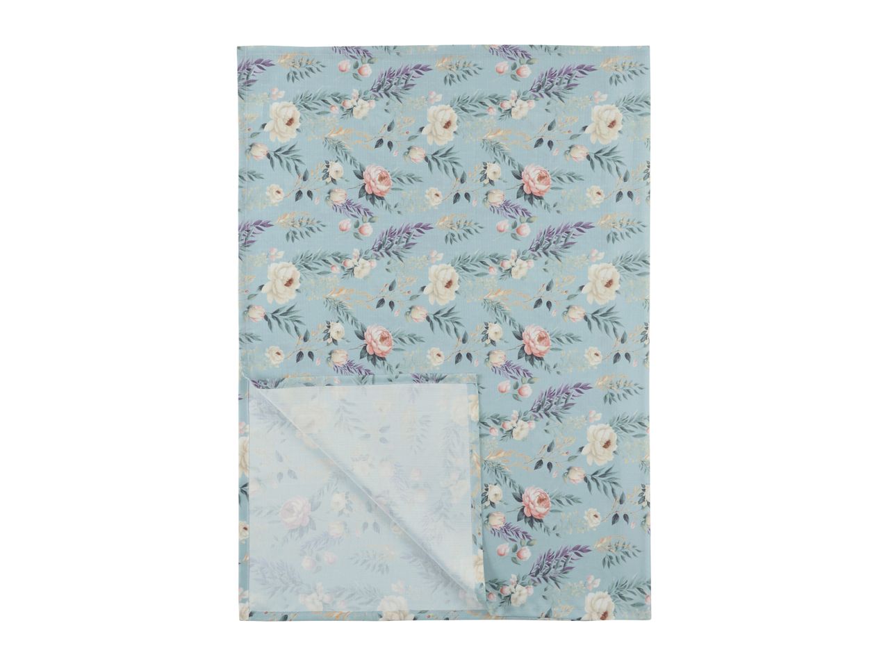 Light blue floral patterned tablecloth with white, pink, and purple flowers and green leaves.