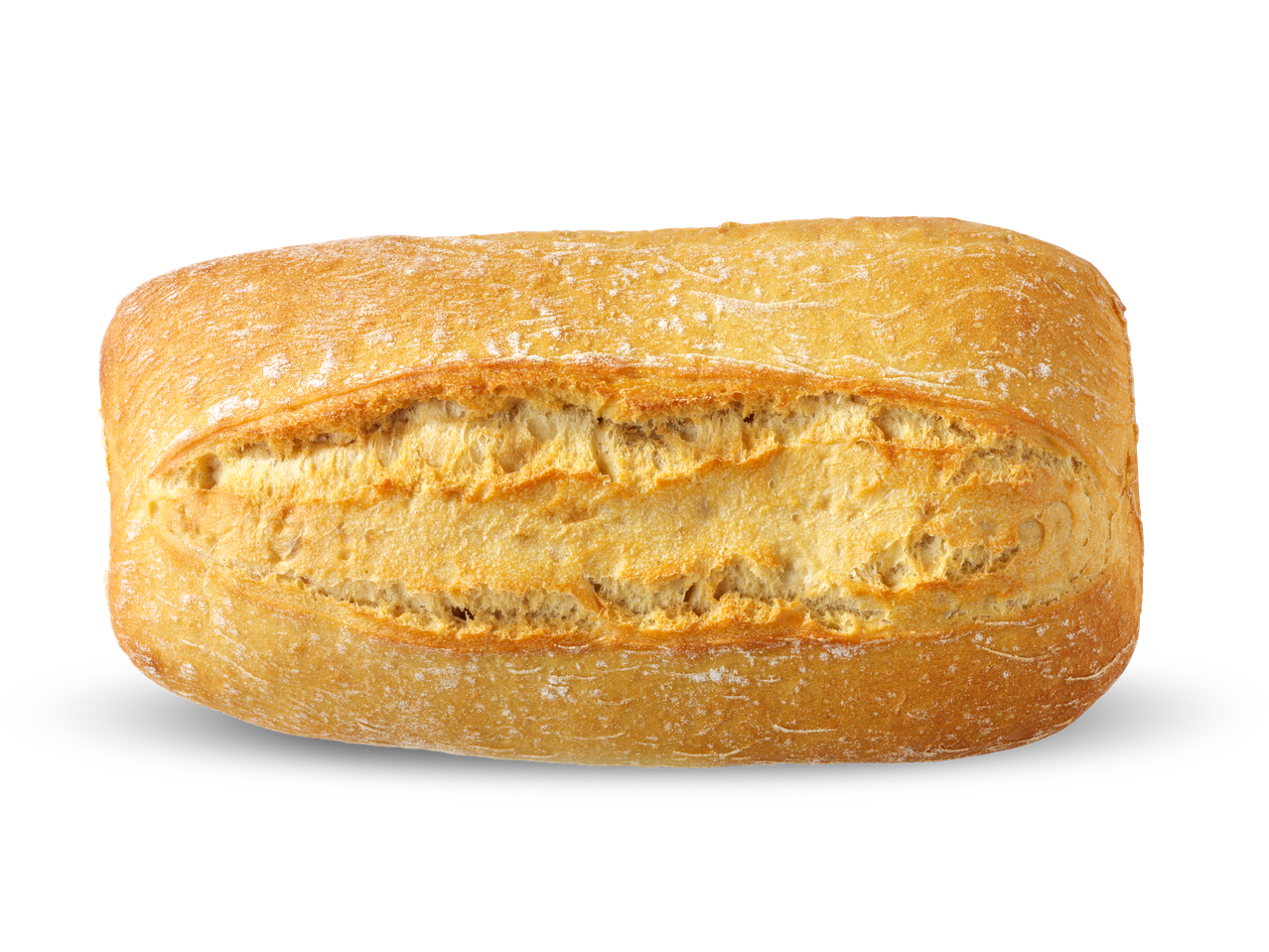 Een goudbruin ciabattabroodje, perfect gebakken, op een zwarte achtergrond.