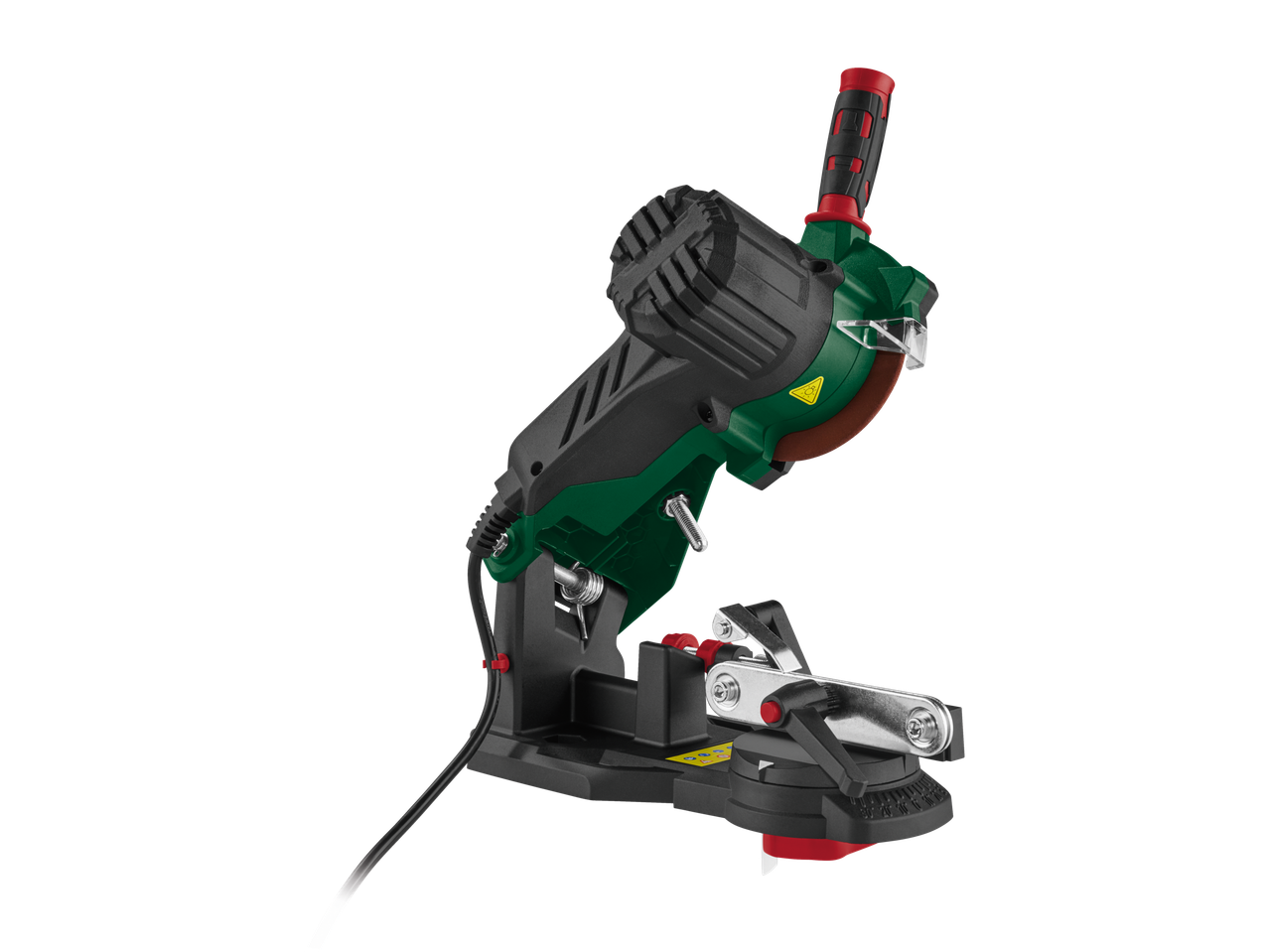 Parkside motorzāģa ķēdes asinātājs, zaļš un melns, ar sarkaniem akcentiem.