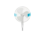 A white pedestal fan with three blades.