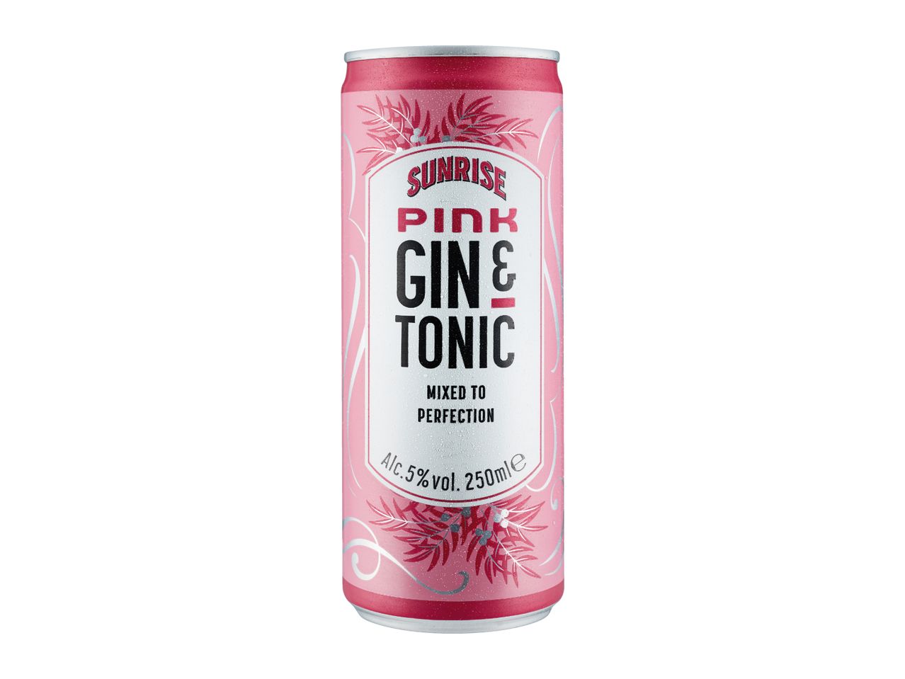 Pink gin and tonic can with botanical illustrations, mixed to perfection, 5% vol, 250ml.
