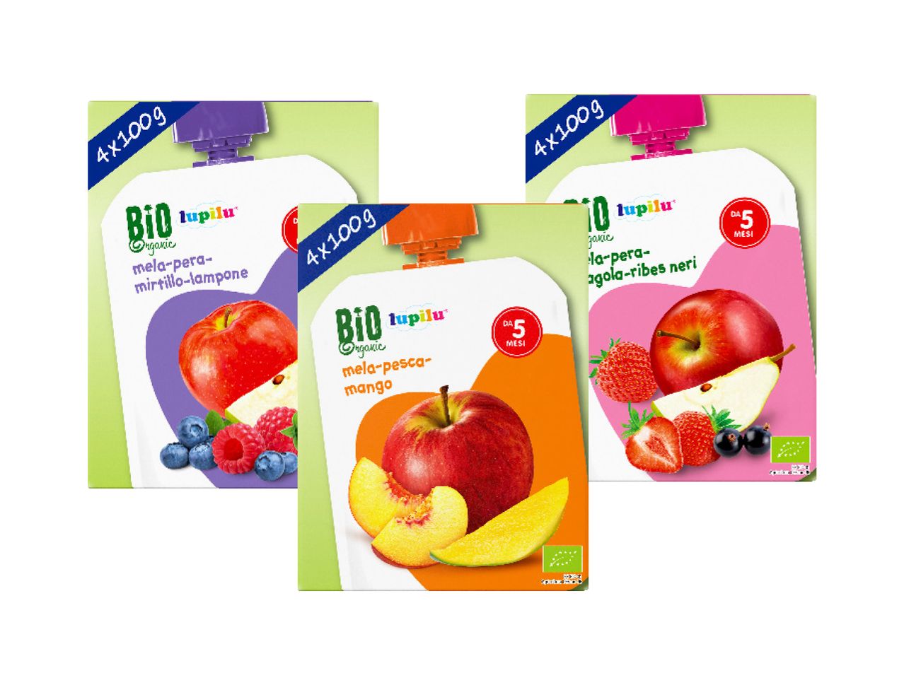 Lupilu Bio organic baby food pouches in three fruit varieties.