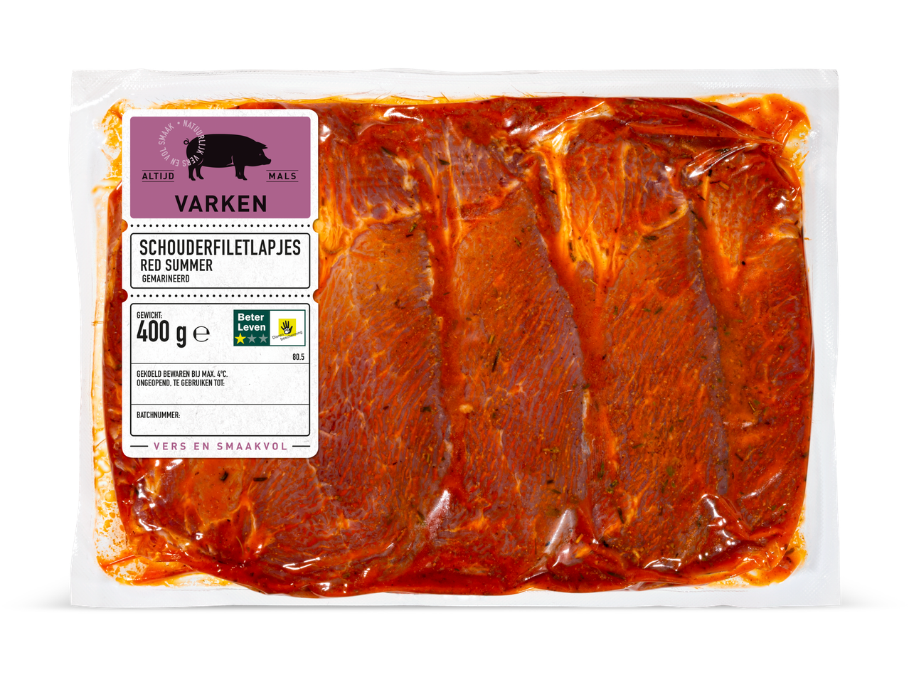 Gemarineerde varkenschouderlapjes Red Summer, 400g.