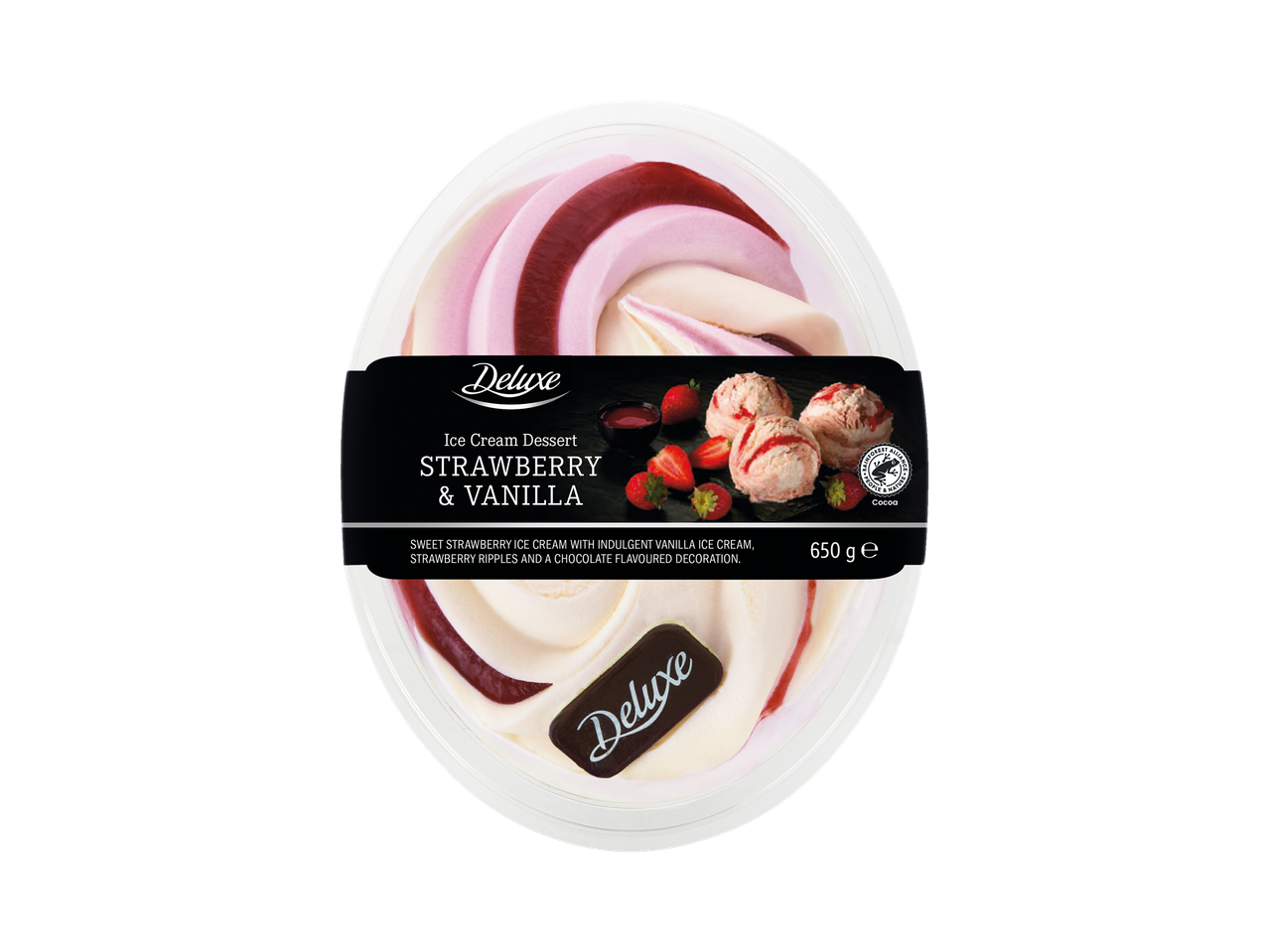 Deluxe zemeņu un vaniļas saldējums.