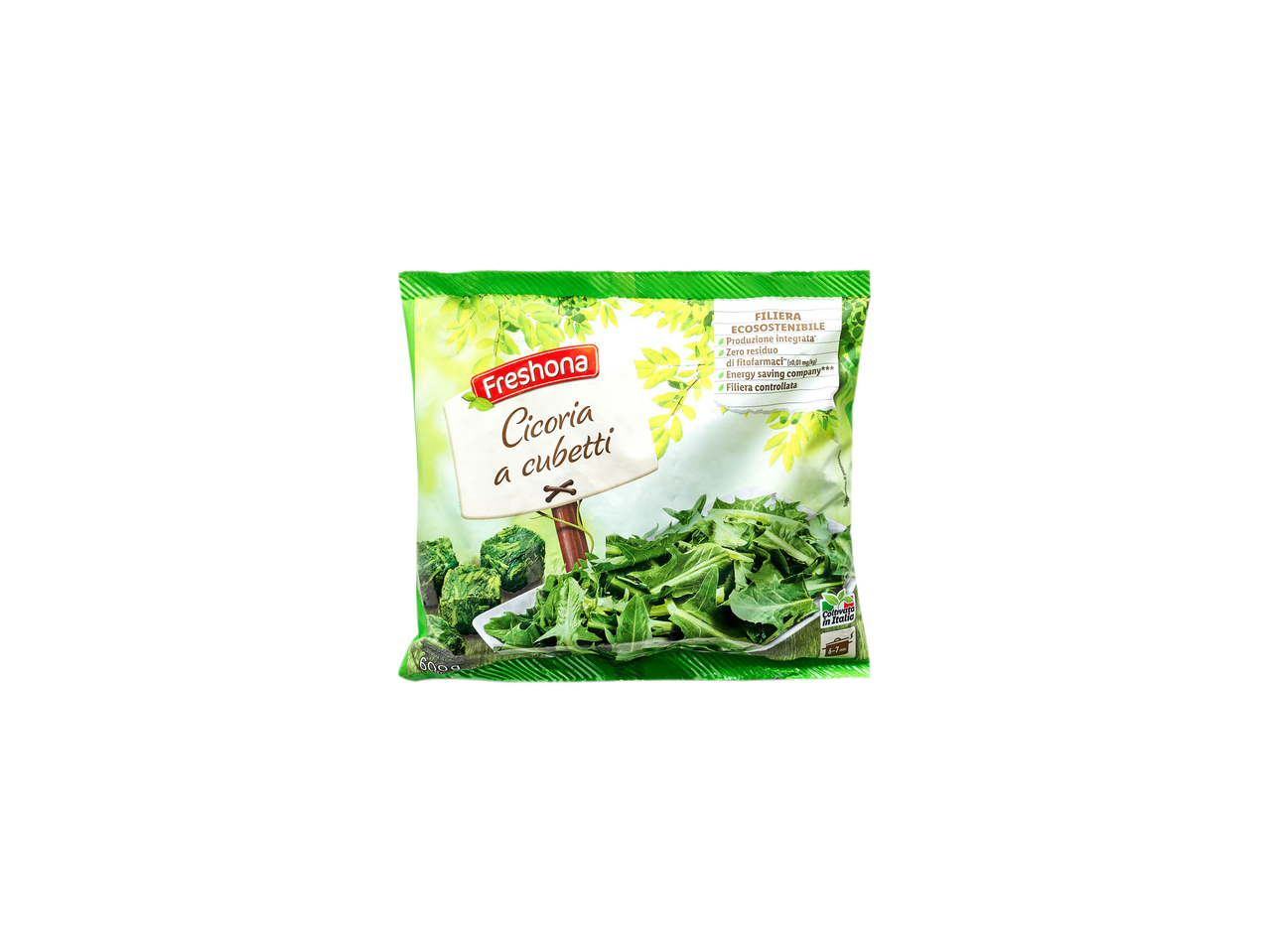 Confezione di cicoria a cubetti Freshona con indicazioni di filiera ecosostenibile.