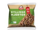 Pose med kyllingehjerter, der fremhæver langsomt voksende race og ingen antibiotika.