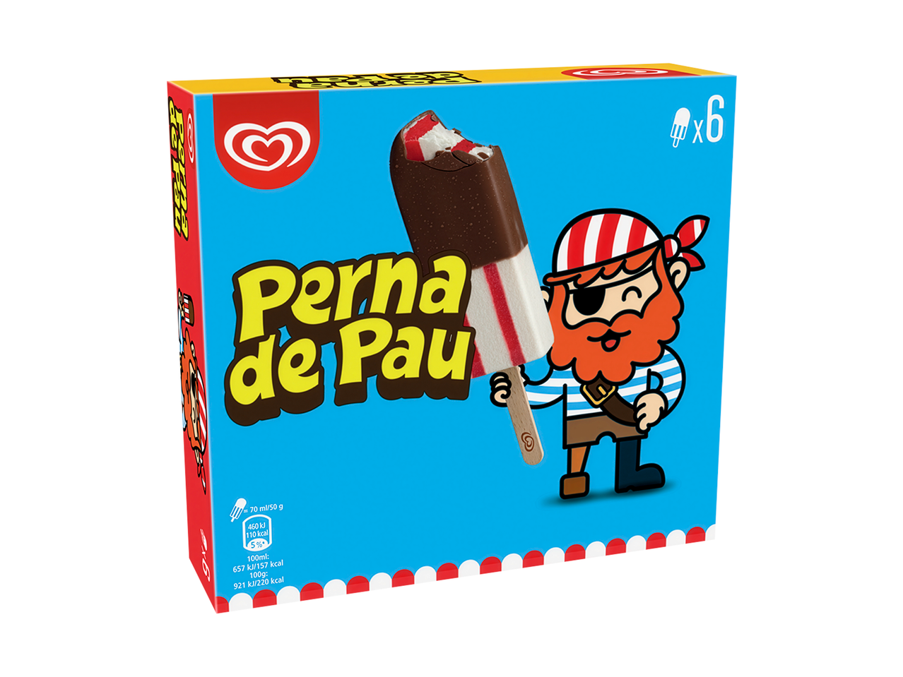 Caixa de gelados OLÁ Perna de Pau com personagem pirata e um gelado mordido.