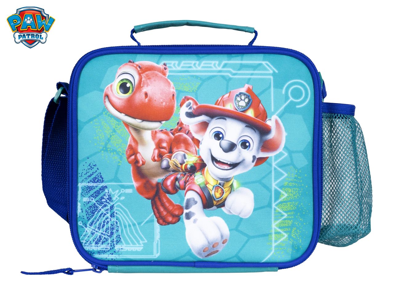 Paw Patrol lunch bag featuring Marshall and a red dinosaur on a blue background.