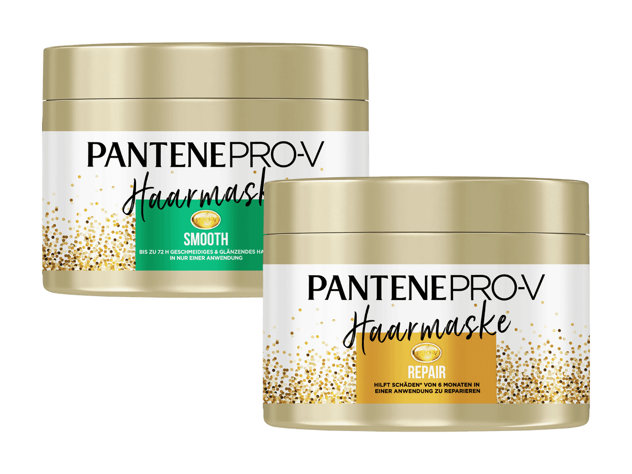 Zwei Pantene Pro-V Haarmasken: Smooth und Repair, in goldenen Tiegeln.