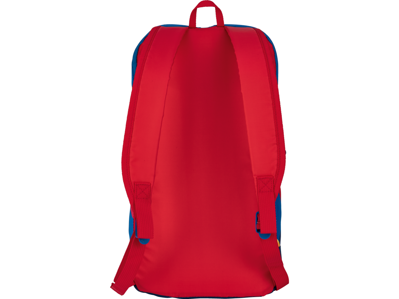Uma mochila vermelha com detalhes azuis, vista de trás.