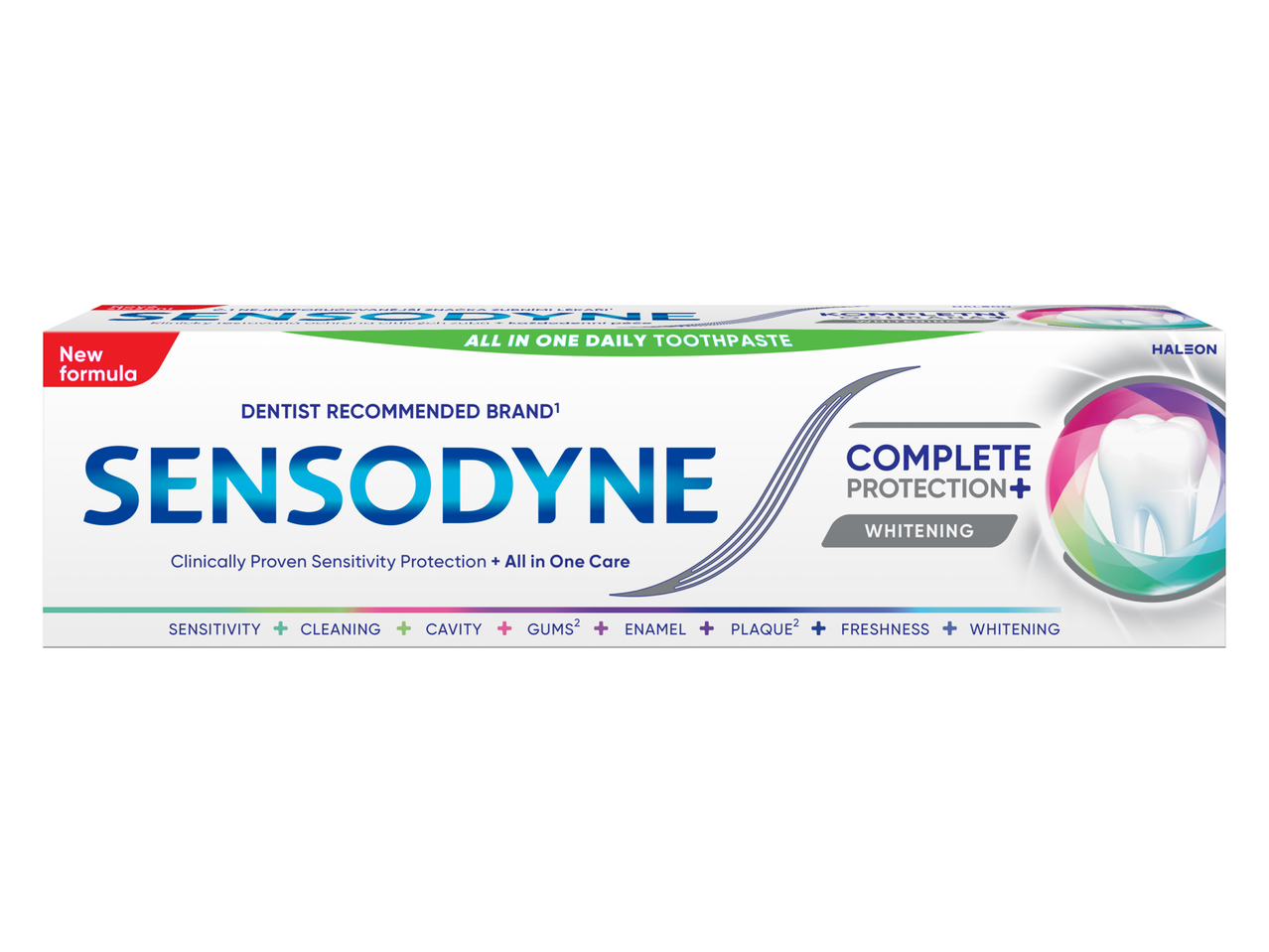 Pastă de dinți Sensodyne Complete Protection+ Whitening, recomandată de dentiști, pentru sensibilitate și îngrijire completă.