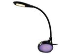 Black LED desk lamp with a flexible neck and a color-changing base, illuminated with purple light.