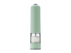 A light green electric salt or pepper mill with a clear chamber filled with white crystals.