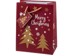 Raudonas Crelando® dovanų maišelis su užrašu „Merry Christmas“ ir auksinėmis eglutėmis.