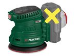 Levigatrice orbitale Parkside X 20V Team verde con batteria grigia barrata da una X gialla.